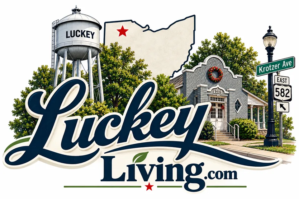 LuckeyLiving.com — the Luckey water tower, an Ohio map with a star marking Luckey, a brick building on Krotzer Avenue, and the State Route 582 sign.